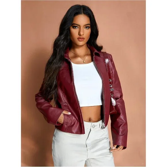 ⚡Women's Red Crop Faux Leather Jacket Vintage Long Sleeve Collar Zip Up Biker - Picture 4 of 6